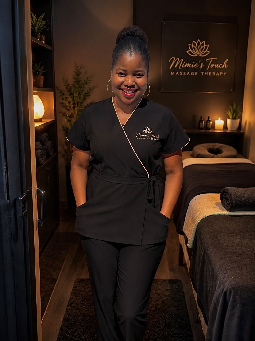 Mimie standing in her treatment room in front of the Mimie's Touch Massage Therapy sign